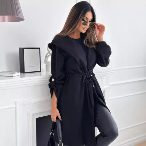 Mid-length fabric coat for women with hood and belt at the waist Lune London