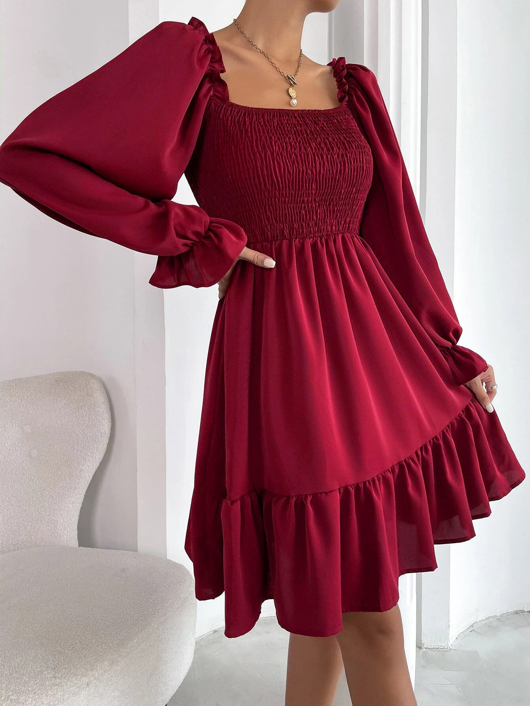 Puff sleeve dress for women with lace details and elastic top Lune London