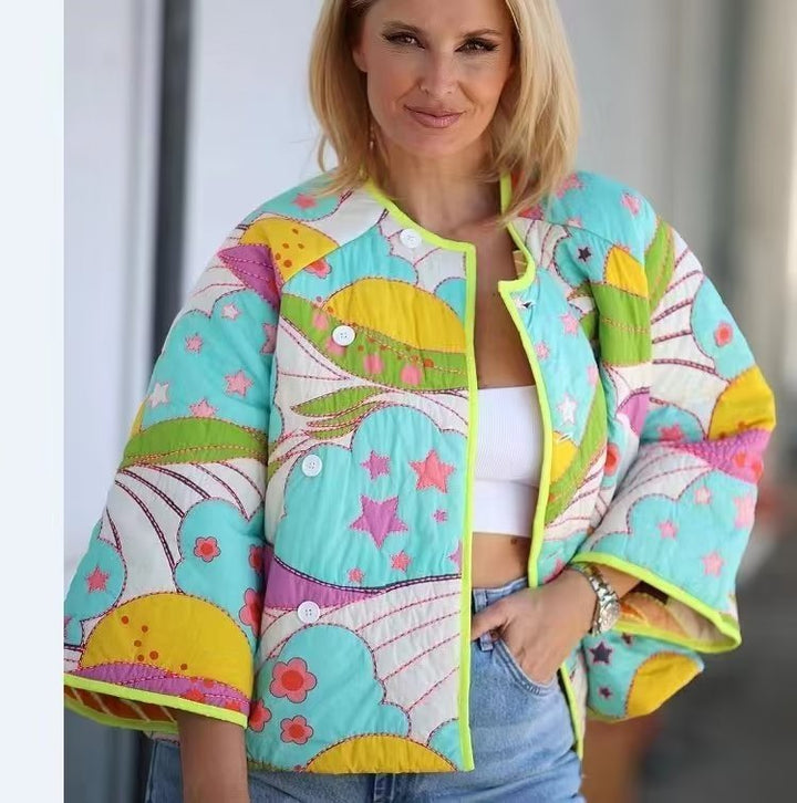 Transitional jacket for women with a cheerful floral pattern and practical button details Lune London