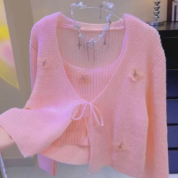 Cropped knit jacket for women with fine butterfly appliqués Lune London