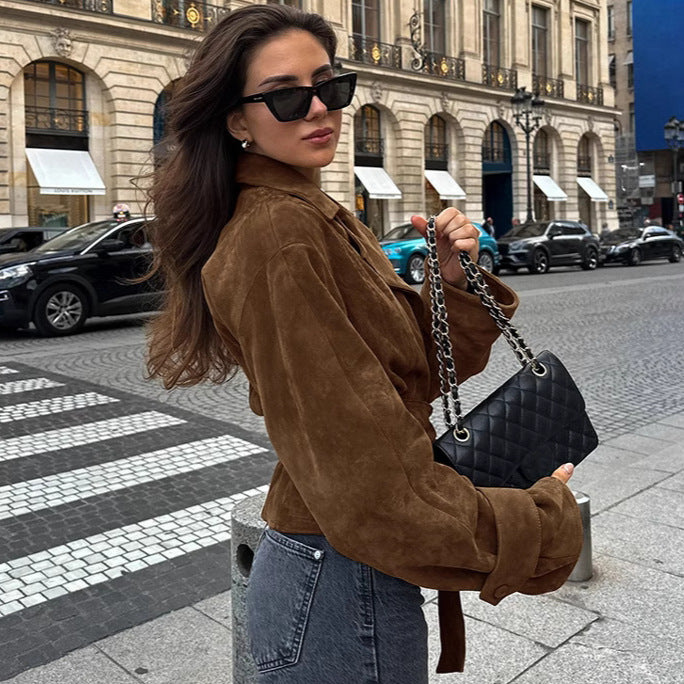 Suede leather trench coat for women with tie belt and wide lapels Lune London