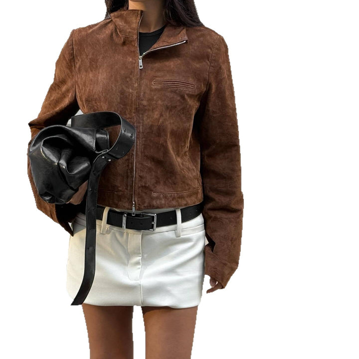 Women's suede jacket with modern high collar Lune London
