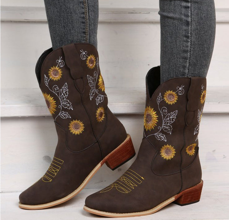 Women's cowboy boots with embroidered floral design and sturdy block heel Lune London