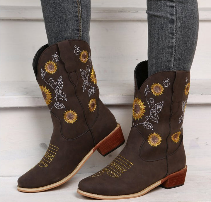 Women's cowboy boots with embroidered floral design and sturdy block heel Lune London