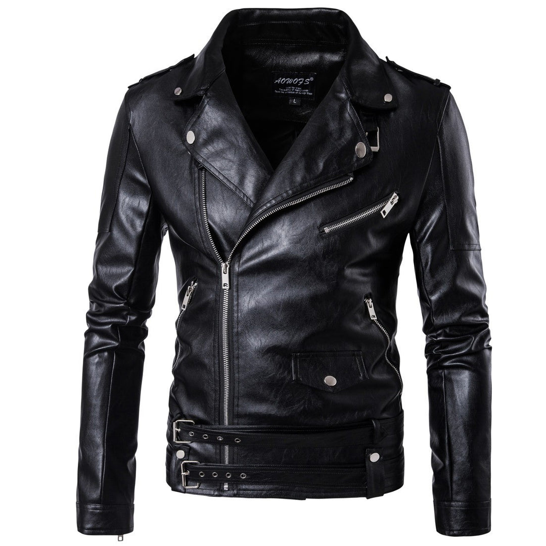 High-quality leather biker jacket for men with asymmetrical zipper and decorative buckles Chic und Stil