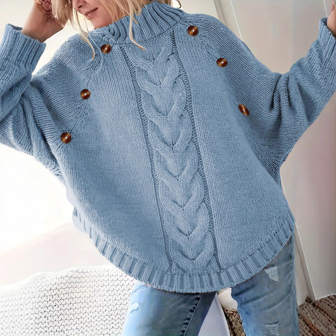 Oversized knitted sweater for women with high collar and decorative button details Lune London