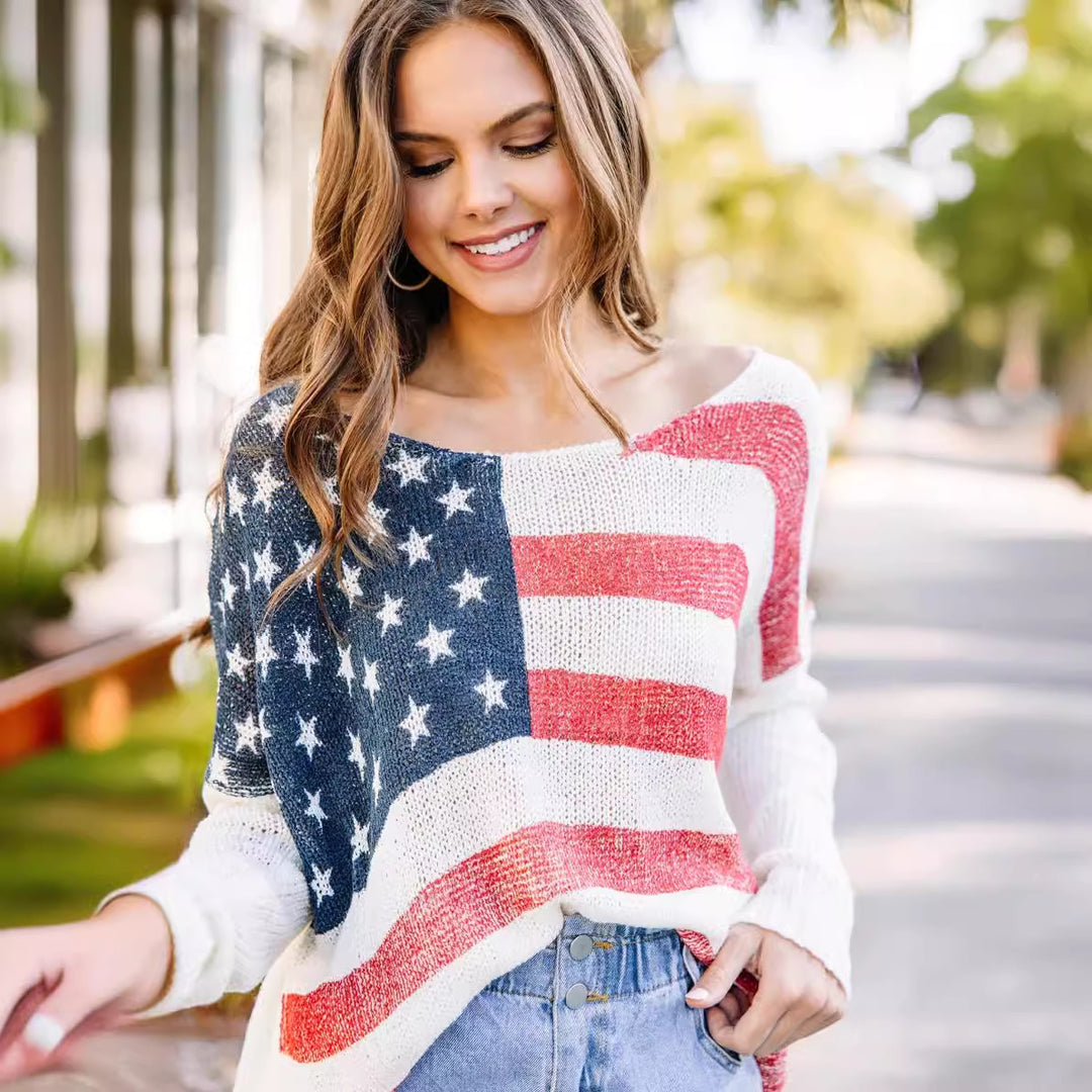 Knitted sweater for women with chic and stylish patriotic flag pattern