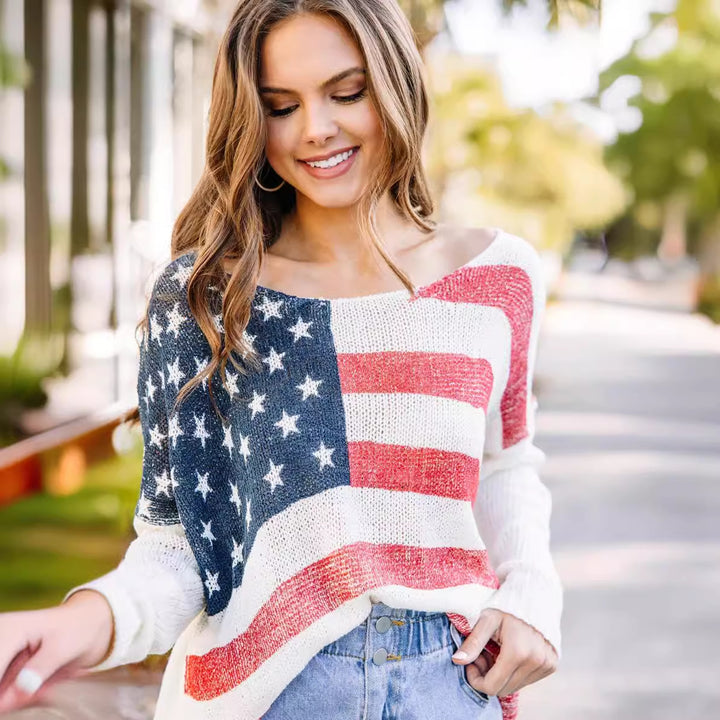 Knitted sweater for women with chic and stylish patriotic flag pattern
