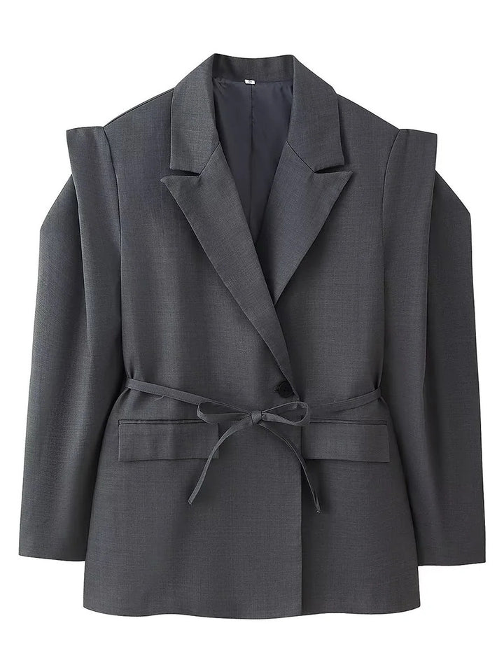 Trendy women's blazer jacket with belt and silk look Lune London