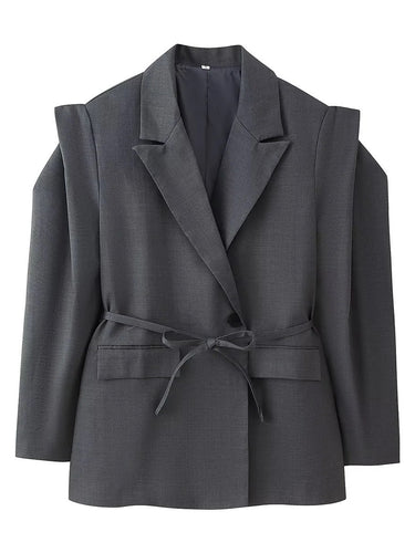 Trendy women's blazer jacket with belt and silk look Lune London