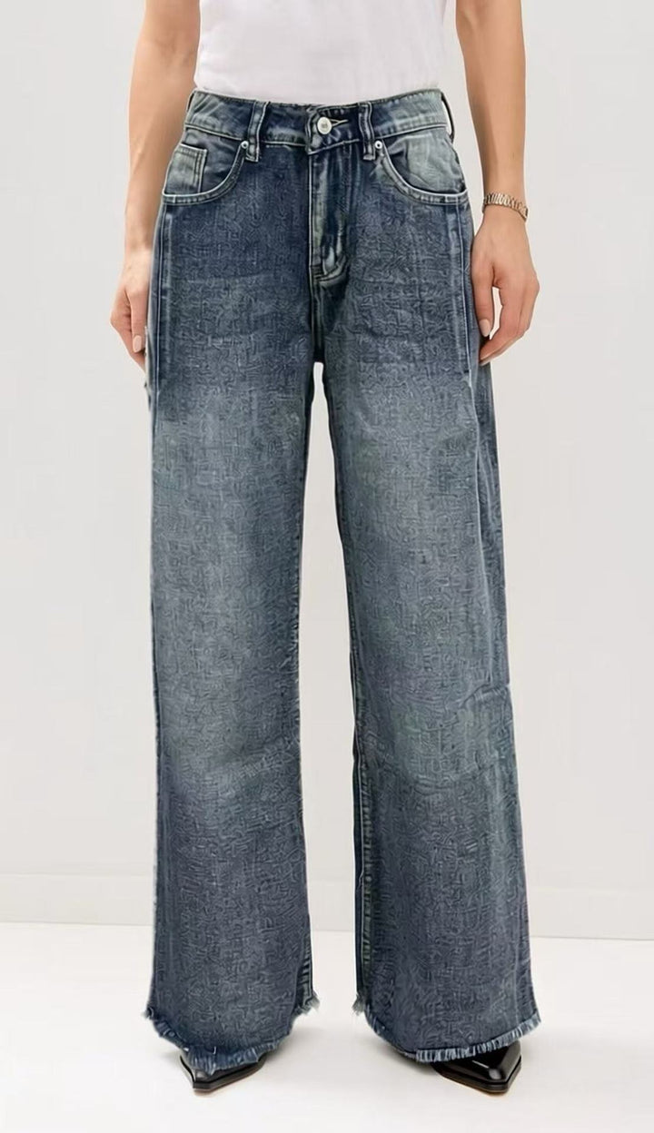 Women wide denim jeans with creative pattern and frayed hem Lune London
