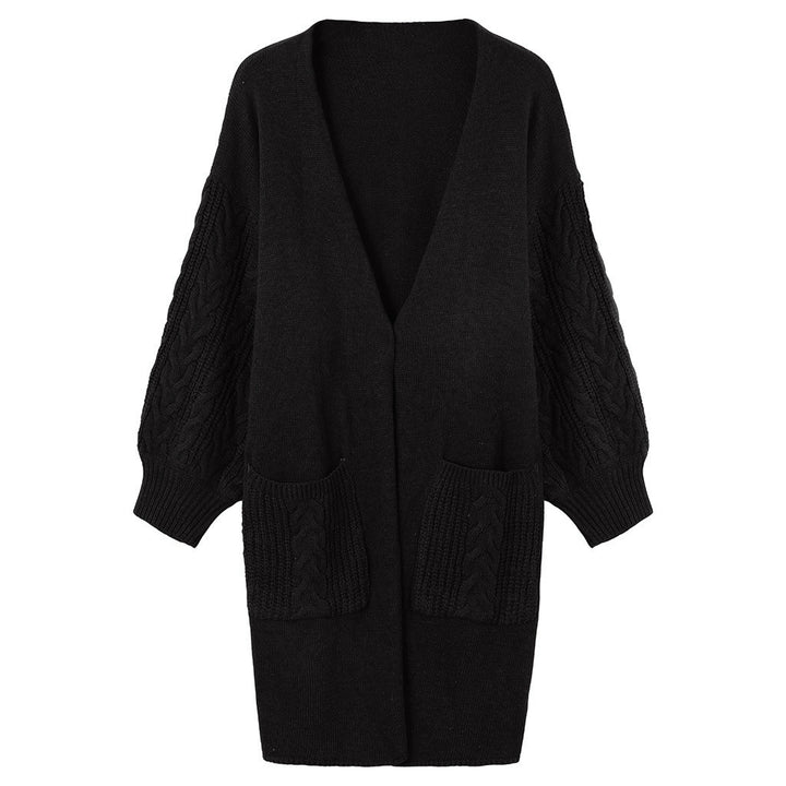 Knitted coat for women with deep V-neck and chunky knit details Lune London