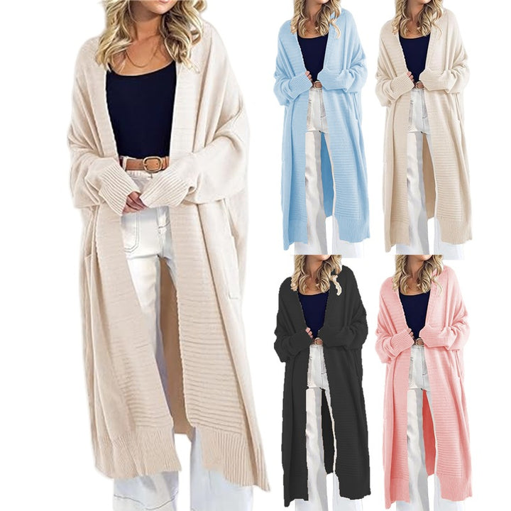 Women Long knit cardigan with open pockets and structured design Lune London