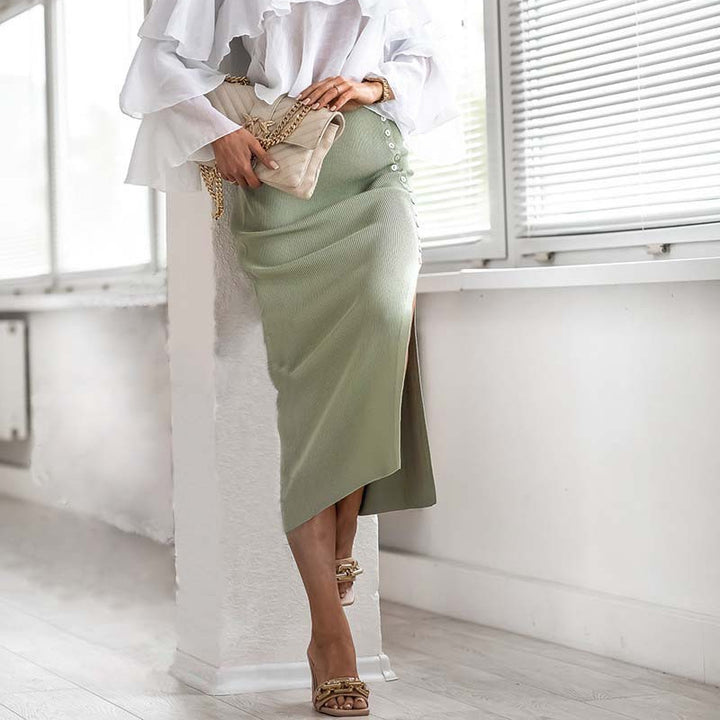 Lune London high slit button front ribbed maxi skirt for women