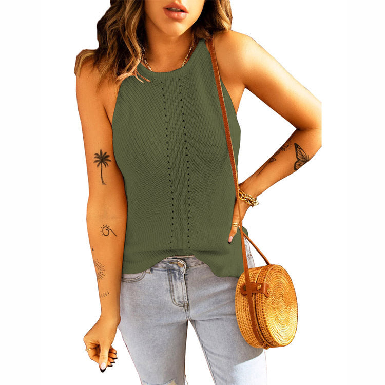 Sleeveless knitted tank top for women with structured ribbed look and decorative openwork pattern Lune London
