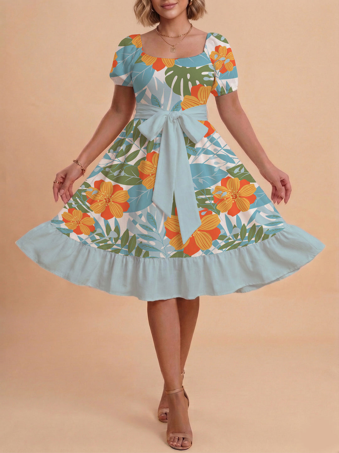 Women A-line dress with floral motifs and adjustable belt Lune London