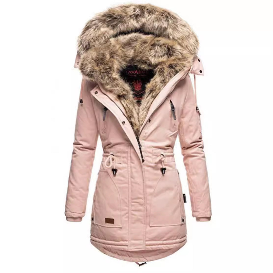 Parka women lined with removable faux fur collar and practical zippered pockets Lune London
