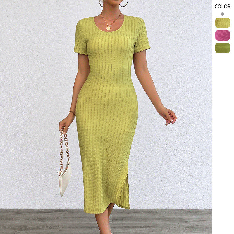 Chic & Stil Women's Ribbed Maxi Dress with Fitted Cut and Short Sleeves