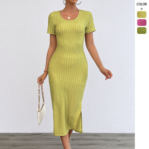 Chic & Stil Women's Ribbed Maxi Dress with Fitted Cut and Short Sleeves
