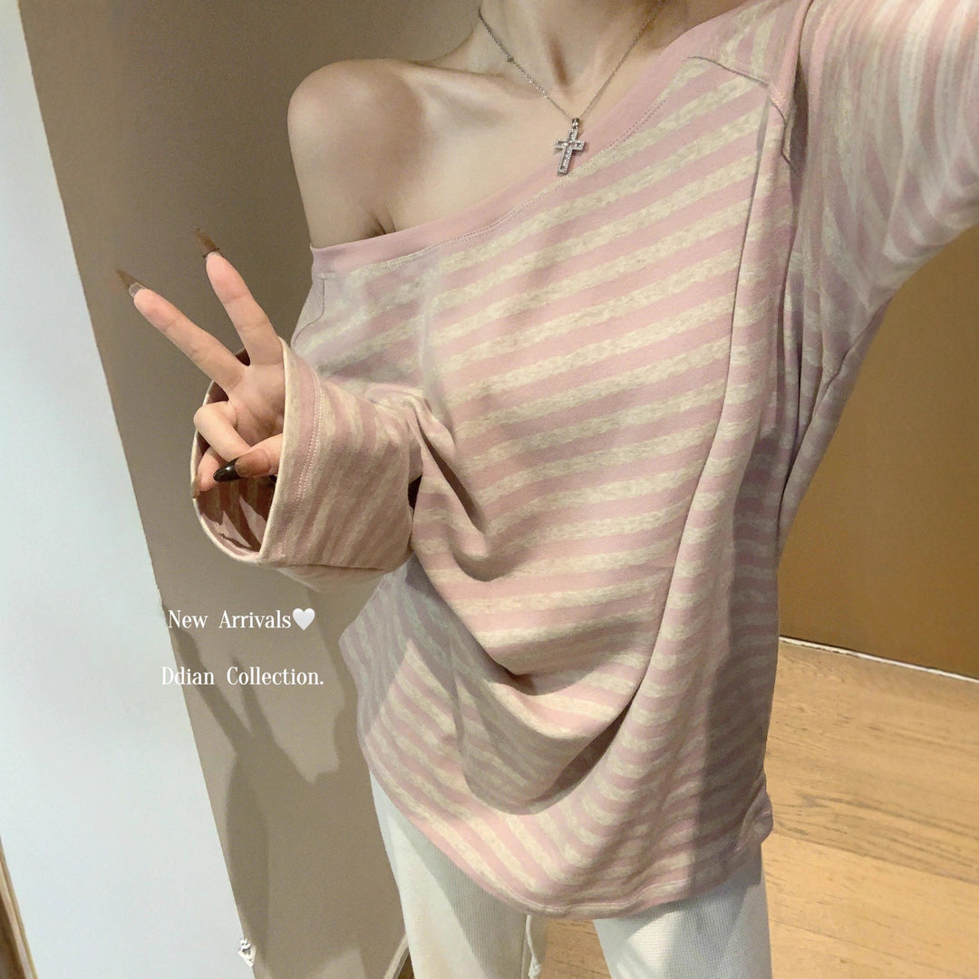 Women's casual oversized off-shoulder long sleeve shirt with striped pattern Chic & Stil