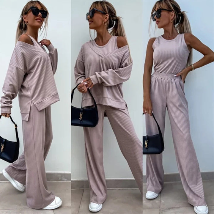 Lune London women's ribbed knit casual set with asymmetrical cutouts