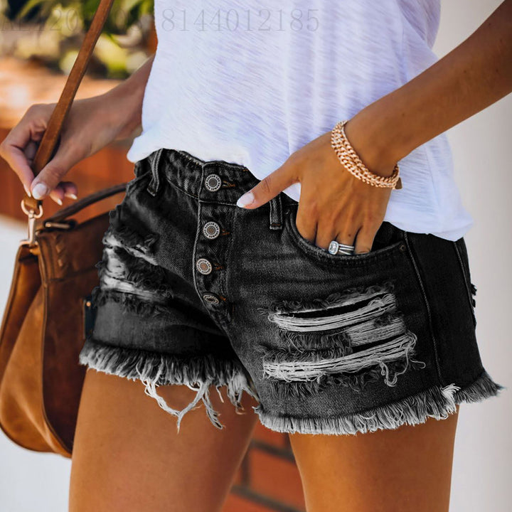 Women's casual destroyed denim shorts with button details and frayed hem Lune London