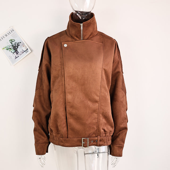 Faux leather jacket for women with a modern high collar and practical zip pockets Lune London