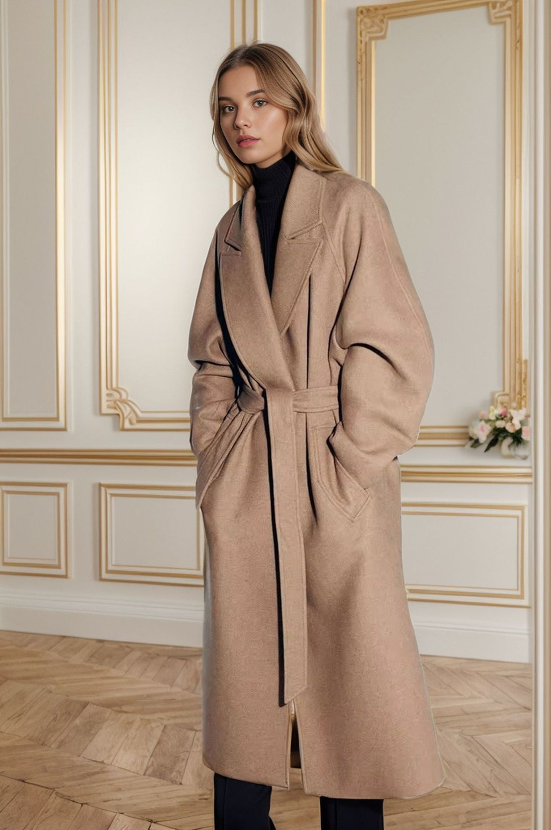 Elegant coat for women with wide collar and belt at the waist Lune London