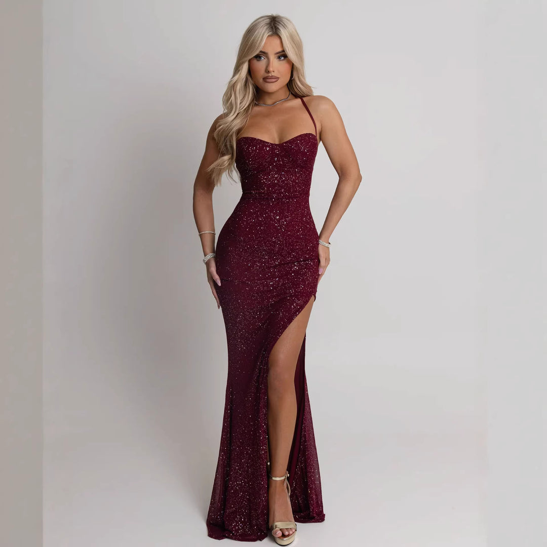 Women evening dress with shimmering sequin embellishment and seductive slit Lune London