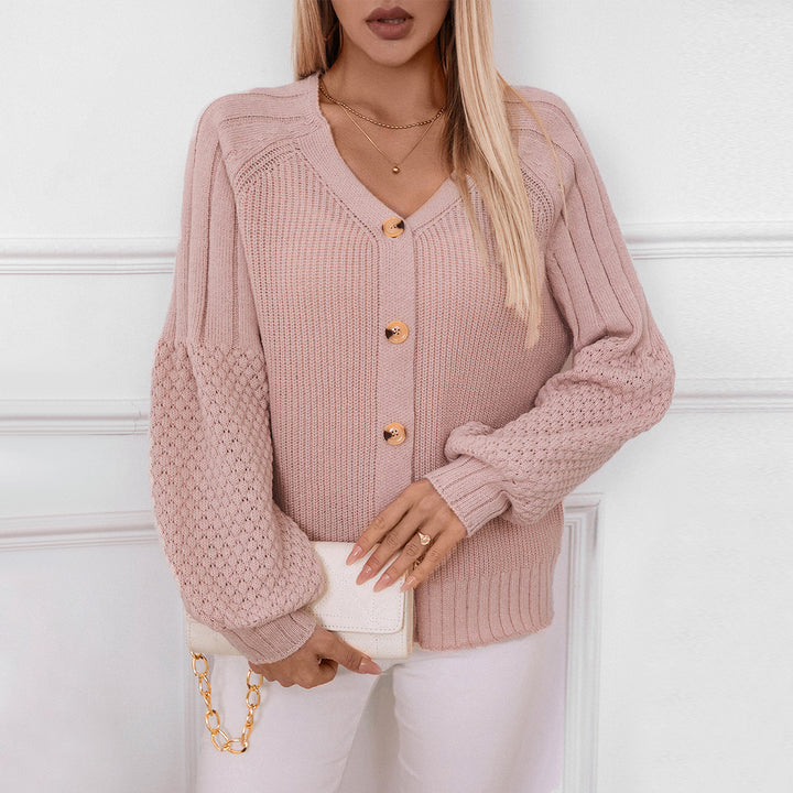 Women knitted cardigan with structured sleeves and wood details Lune London