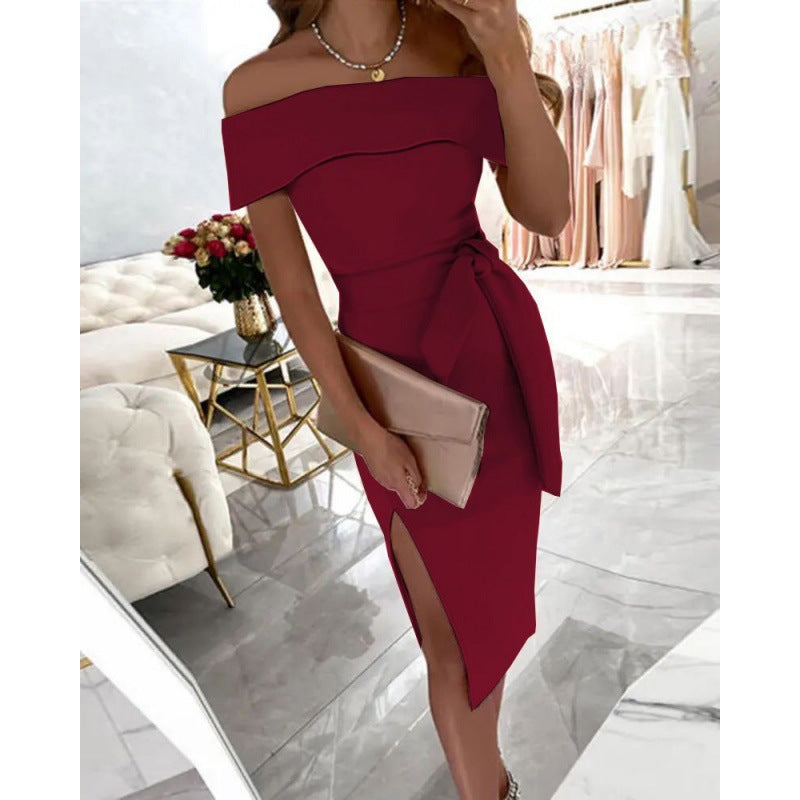 Elegant bodycon dress for women with off-shoulder design, side slit and bow detail Lune London