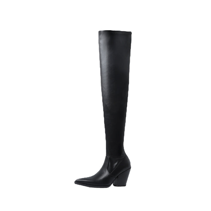 Over-the-knee high heel boots for women with a chic strap design Lune London