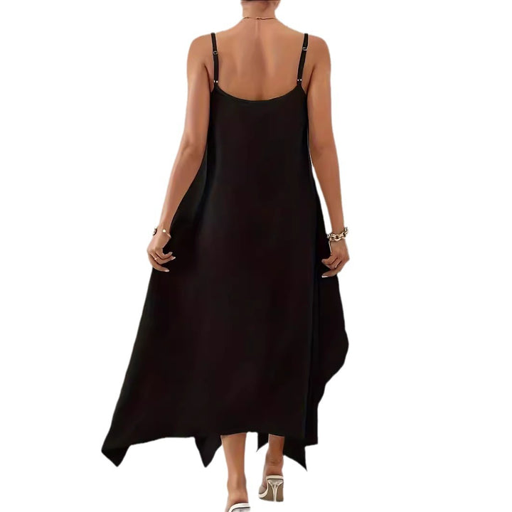 Aerial maxi dress for women with asymmetrical hem and thin spaghetti straps Lune London