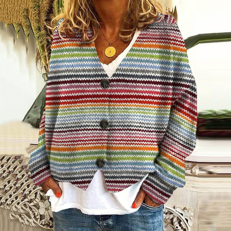 Cardigan tricoté décontracté pour femmes avec des rayures colorées et des détails de boutons Chic & Stil