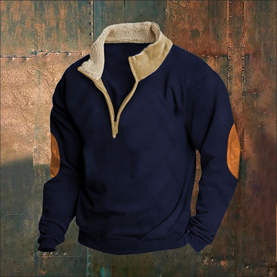 Men's fleece sports sweater with contemporary high collar and fashionable faux leather applications Lune London
