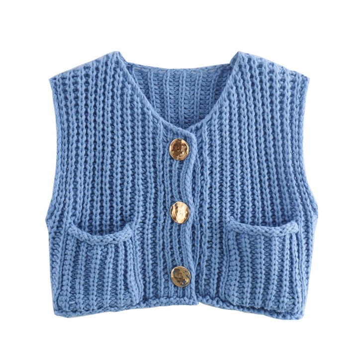 Knitted vest for women with decorative buttons and practical pockets Lune London