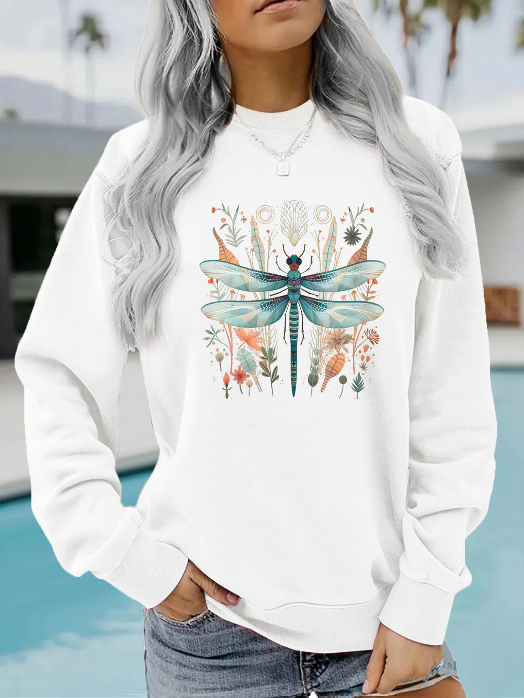 Sweat-shirt pour femmes avec impression de libellule unique et design botanique Chic & Stil