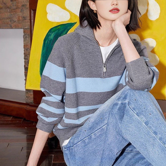 Pull en tricot confortable pour femmes avec fermeture à demi-zip à la mode Chic & Stil