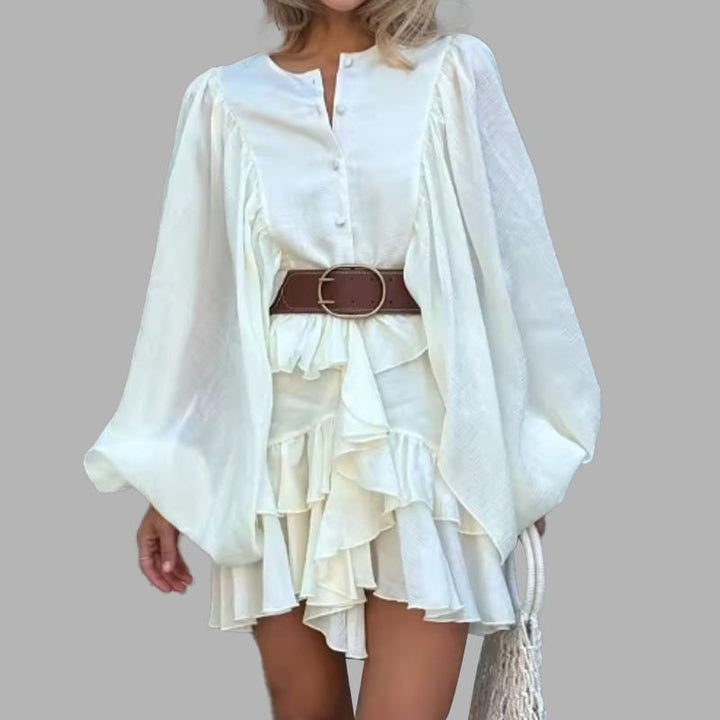 Playful ruffled summer dress for women with balloon-shaped sleeves and button detail Lune London