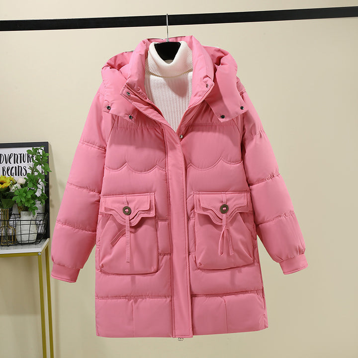 Ladies Long Puffer Jacket with practical hood collar and large pockets Lune London