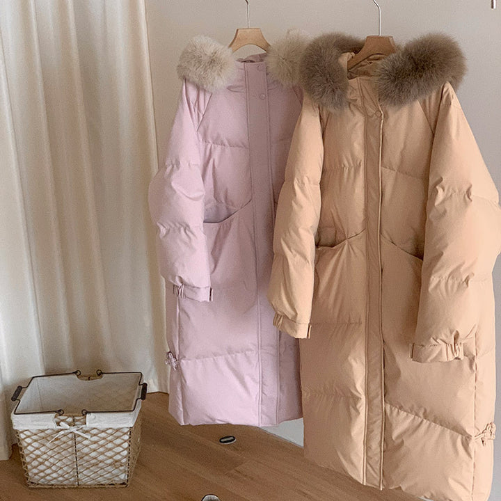 Ladies long winter down jacket with high-quality faux fur collar and practical pockets Lune London