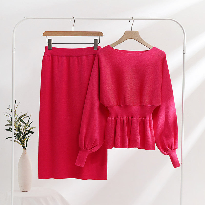 Fashionable women's knitted loungewear set with ruched top and midi skirt Lune London