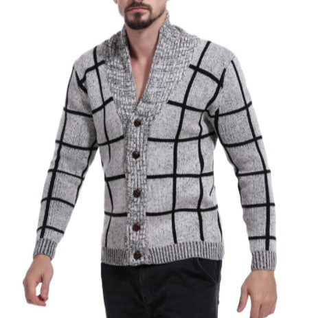 Men's knitted V-neck jacket with a modern plaid pattern Lune London
