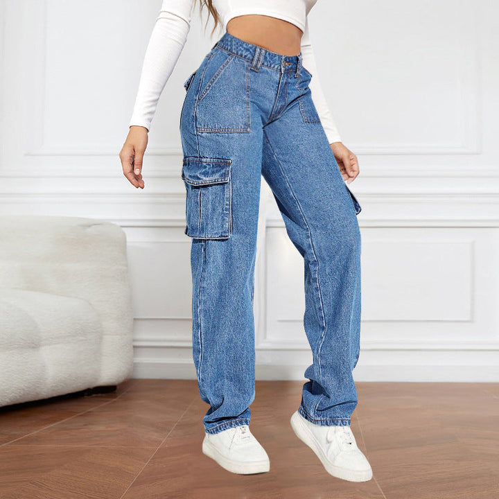 Women's Cargo Jeans with High Waist and Practical Pockets Lune London