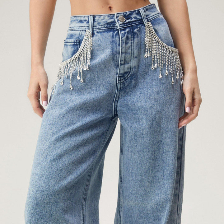 Women High-Waisted Wide Leg Jeans with Subtle Distressing Lune London