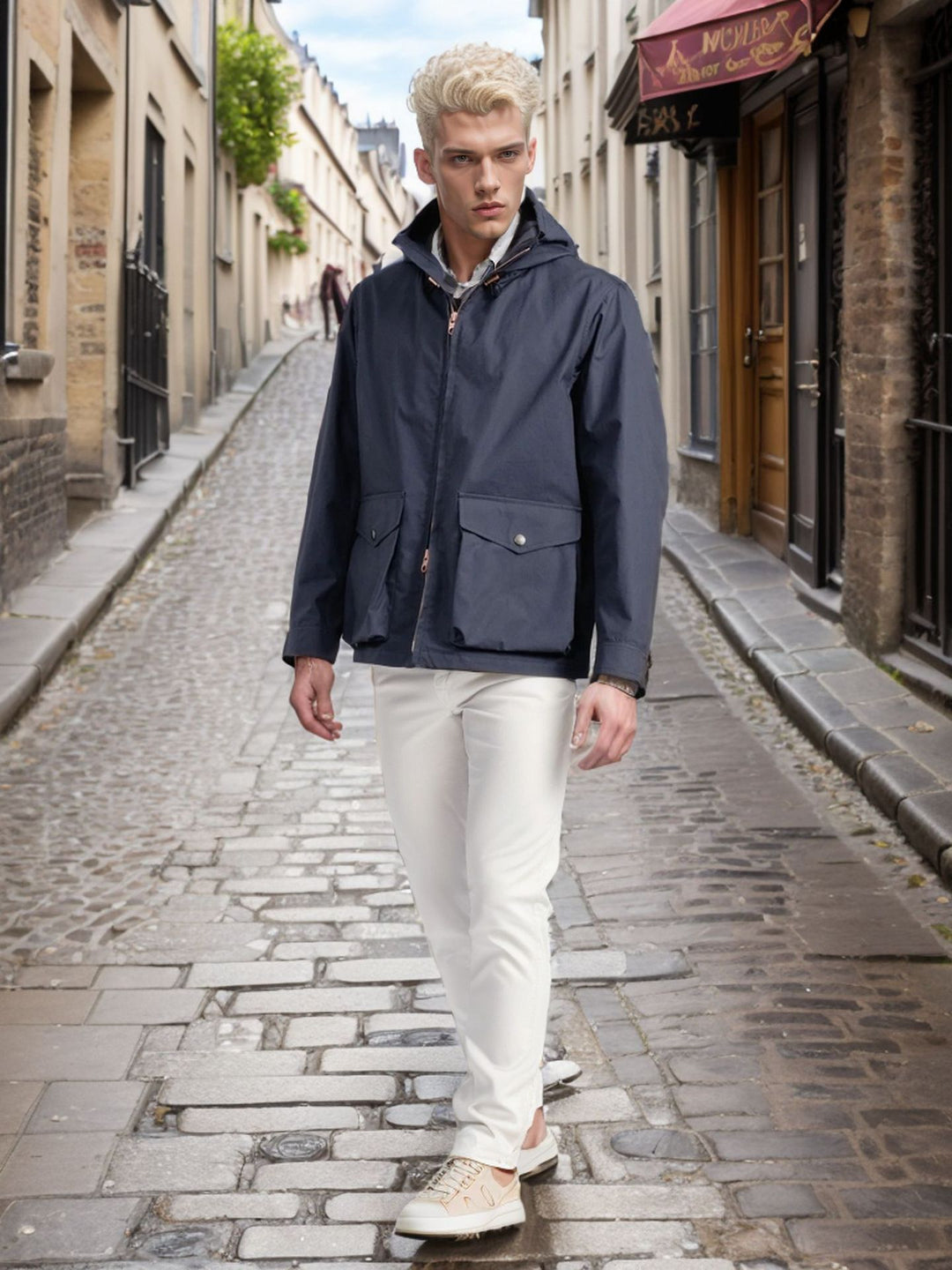 Functional transition jacket for men with adjustable hood collar Lune London