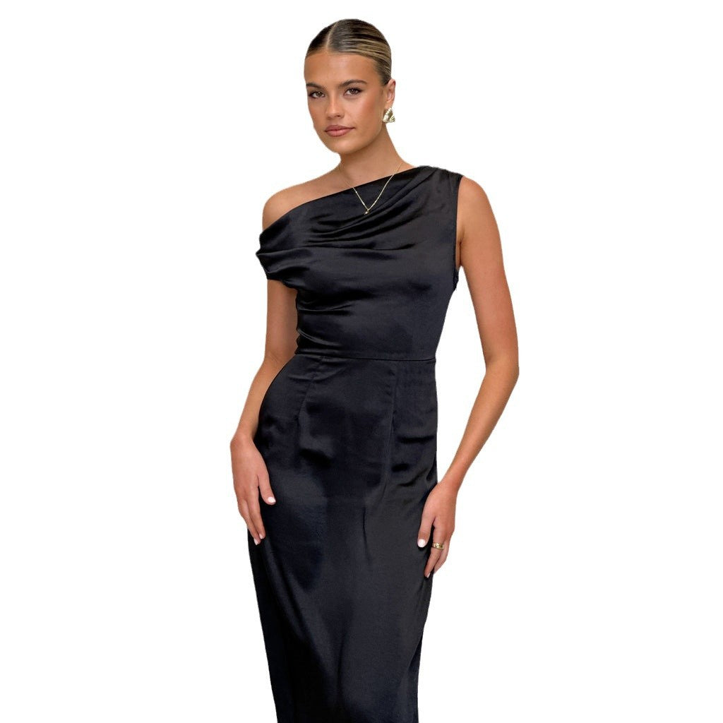 Women's Elegant Maxi Dress with Asymmetrical Cut and Decorative Draped Design