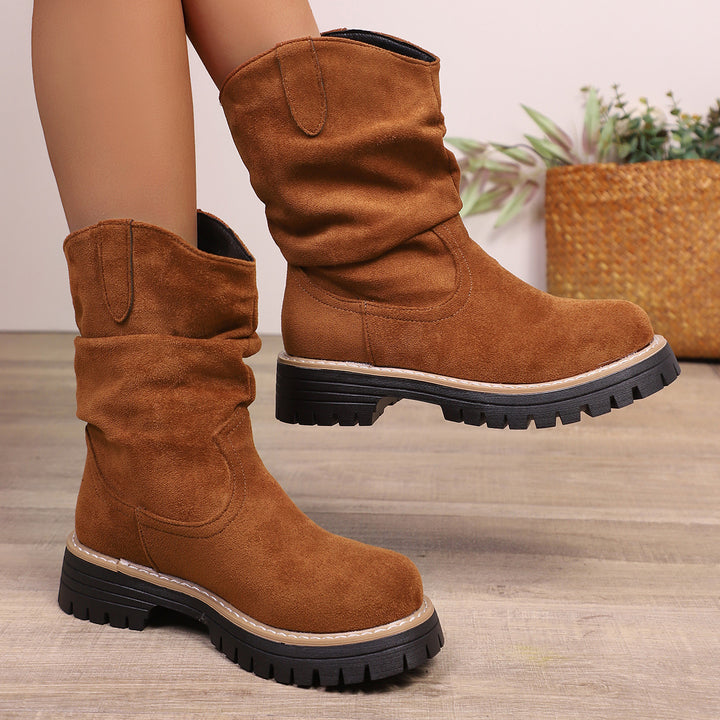 Soft suede boots for women with a relaxed crumpled aesthetic and a sturdy molded sole Lune London