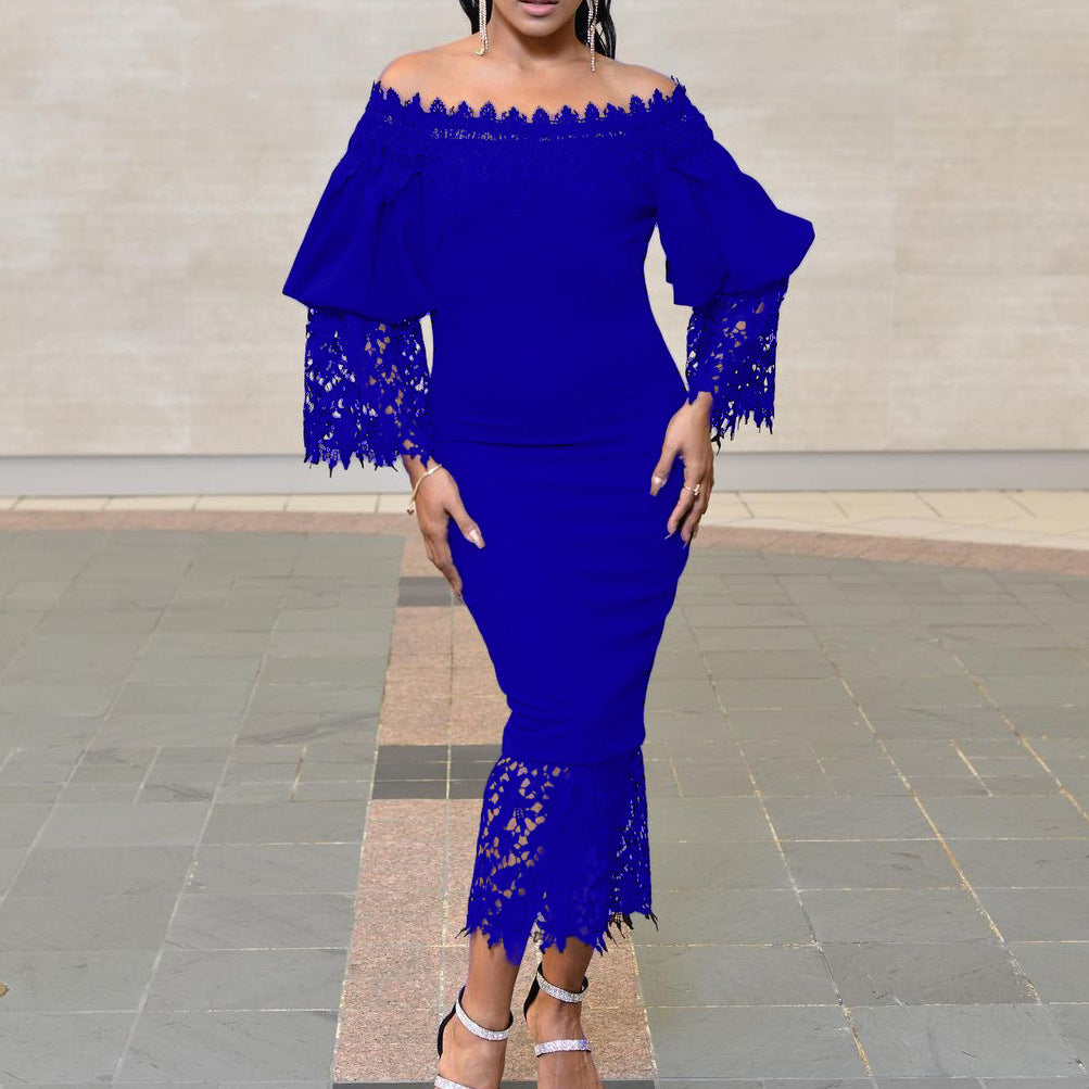 Off-shoulder dress for women with lace sleeves and asymmetrical hem Lune London