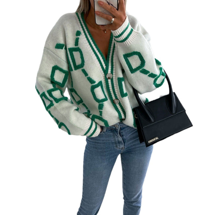 Thick knit cardigan for women with a unique graphic pattern and classic button details Lune London